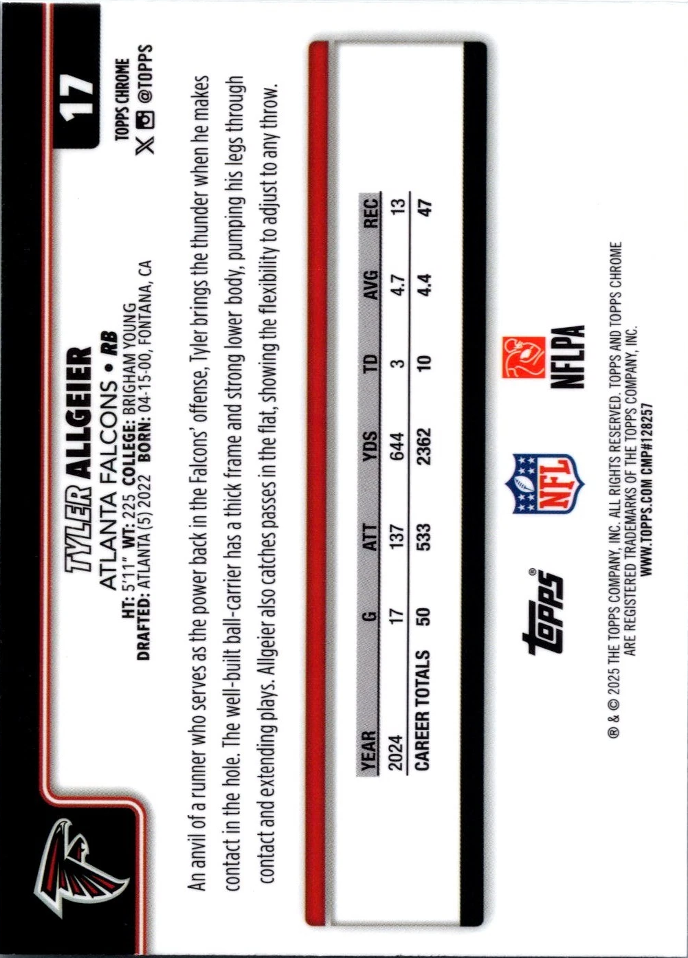 2025 Topps Chrome NFL Tyler Allgeier #17 Atlanta Falcons