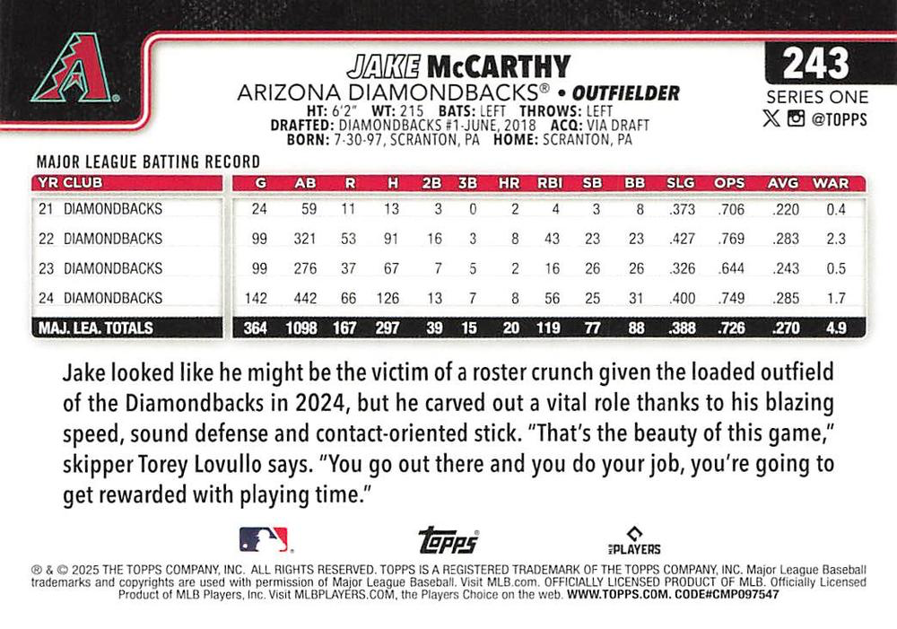 2025 Topps Series 1 Jake McCarthy Arizona Diamondbacks #243