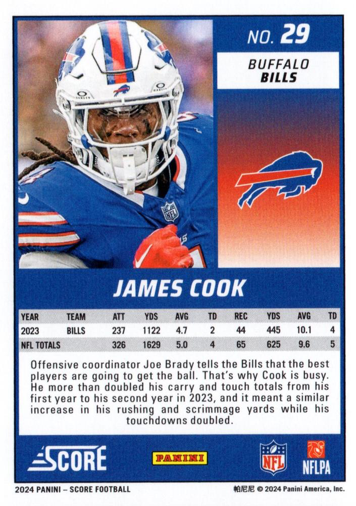 2024 Panini Score Football James Cook Buffalo Bills #29