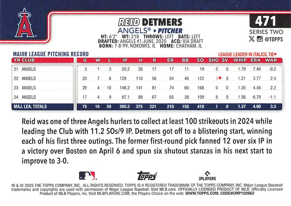 2025 Topps Series 2 Reid Detmers Los Angeles Angels #471