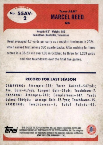 2025 Topps Bowman U Chrome 1955 Marcel Reed #55AV-2 Texas A&M Aggies