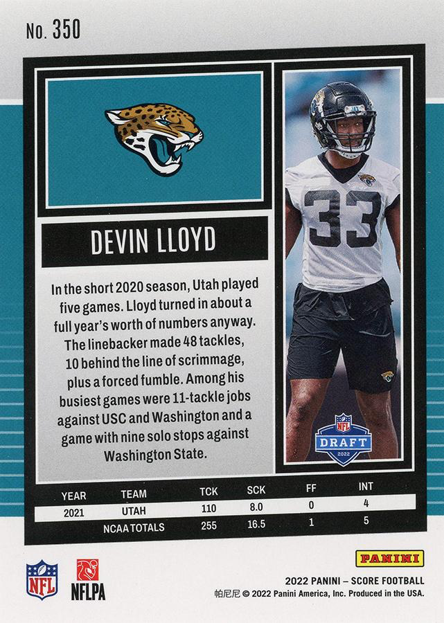 2022 Panini Score Devin Lloyd RC Jacksonville Jaguars #350
