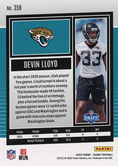 2022 Panini Score Devin Lloyd RC Jacksonville Jaguars #350