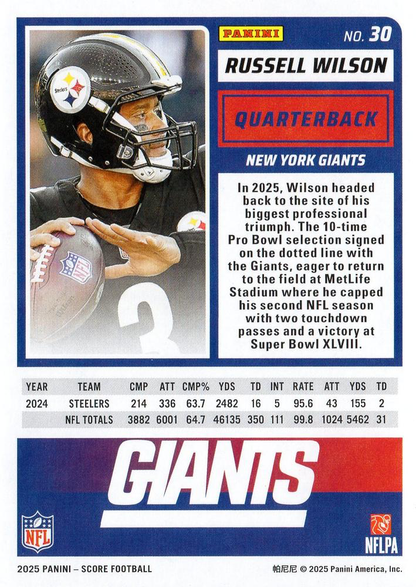 2025 Panini Score Russell Wilson #30 New York Giants