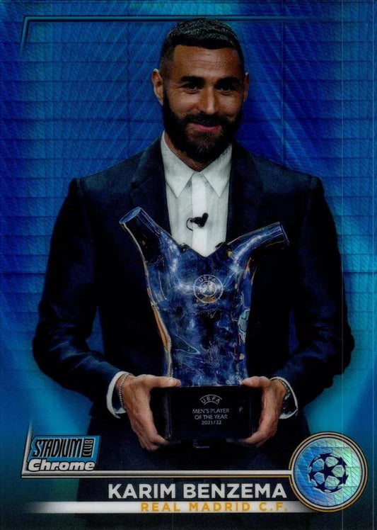 2022 Topps Stadium Club Chrome UCC Blue Prism Refractor Karim Benzema #3 Real Madrid CF