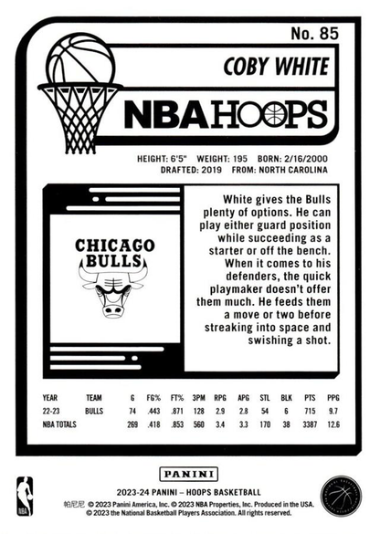 2023 Panini Hoops Coby White #85 Chicago Bulls