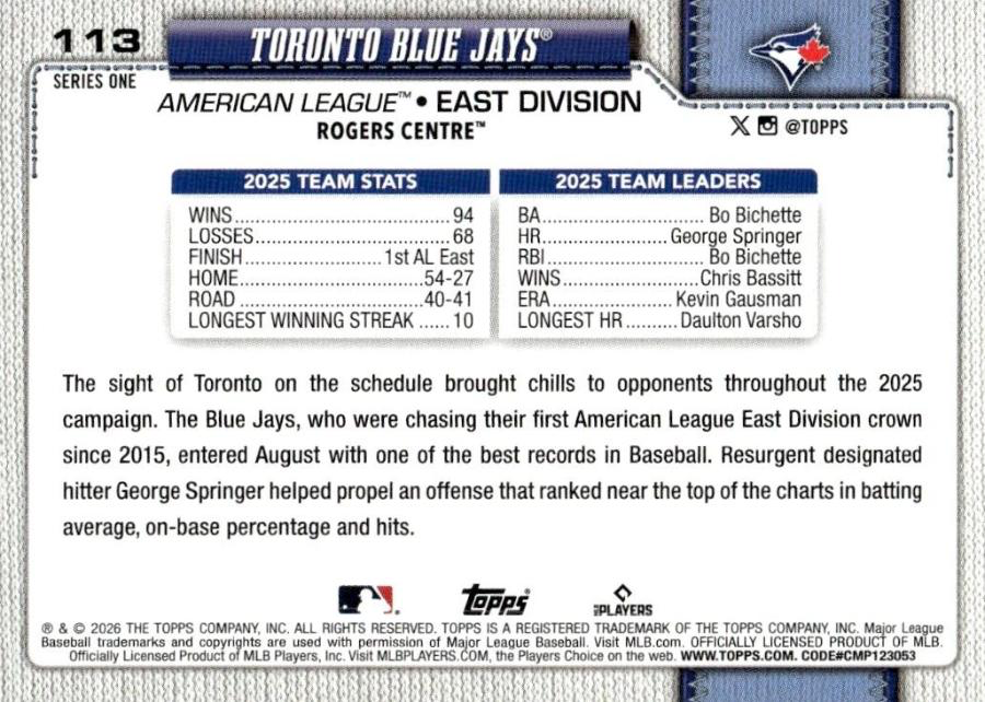 2026 Topps Series 1 Toronto Blue Jays Team Card #113 Toronto Blue Jays