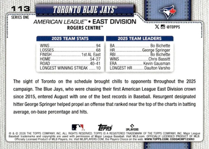2026 Topps Series 1 Toronto Blue Jays Team Card #113 Toronto Blue Jays