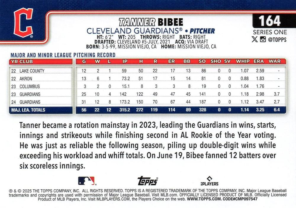 2025 Topps Series 1 Tanner Bibee Cleveland Guardians #164