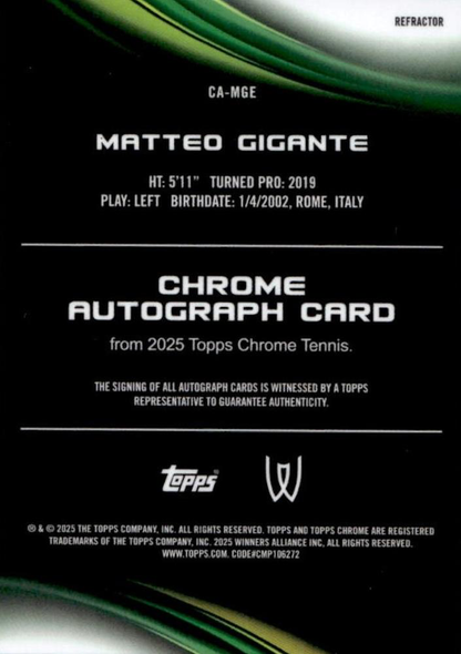 2025 Topps Chrome Tennis Refractor Autograph Matteo Gigante #CA-MGE