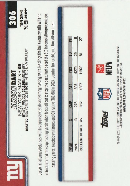 2025 Topps Chrome Jaxson Dart RC #306 New York Giants