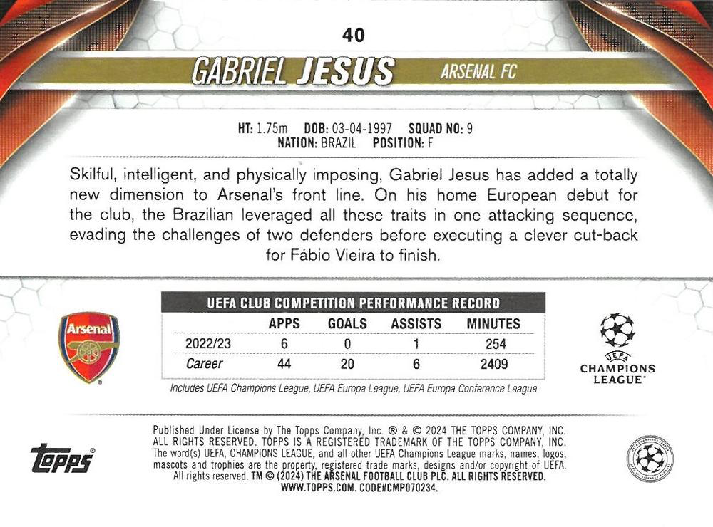 2023 Topps UCC Gabriel Jesus #40 Arsenal FC