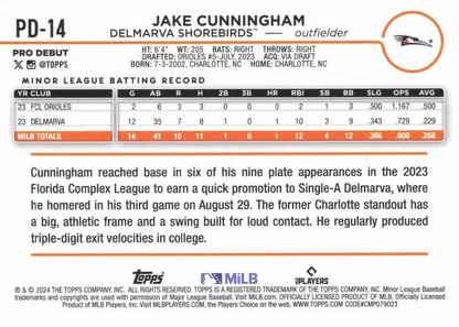 2024 Topps Pro Debut Jake Cunningham #PD-14 Delmarva Shorebirds