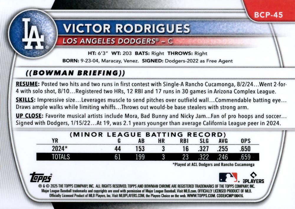 2025 Topps Bowman Chrome Prospect Victor Rodrigues 1st #BCP-45 Los Angeles Dodgers