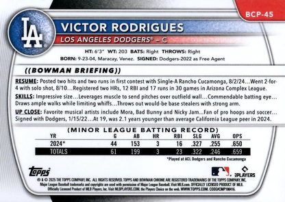 2025 Topps Bowman Chrome Prospect Victor Rodrigues 1st #BCP-45 Los Angeles Dodgers