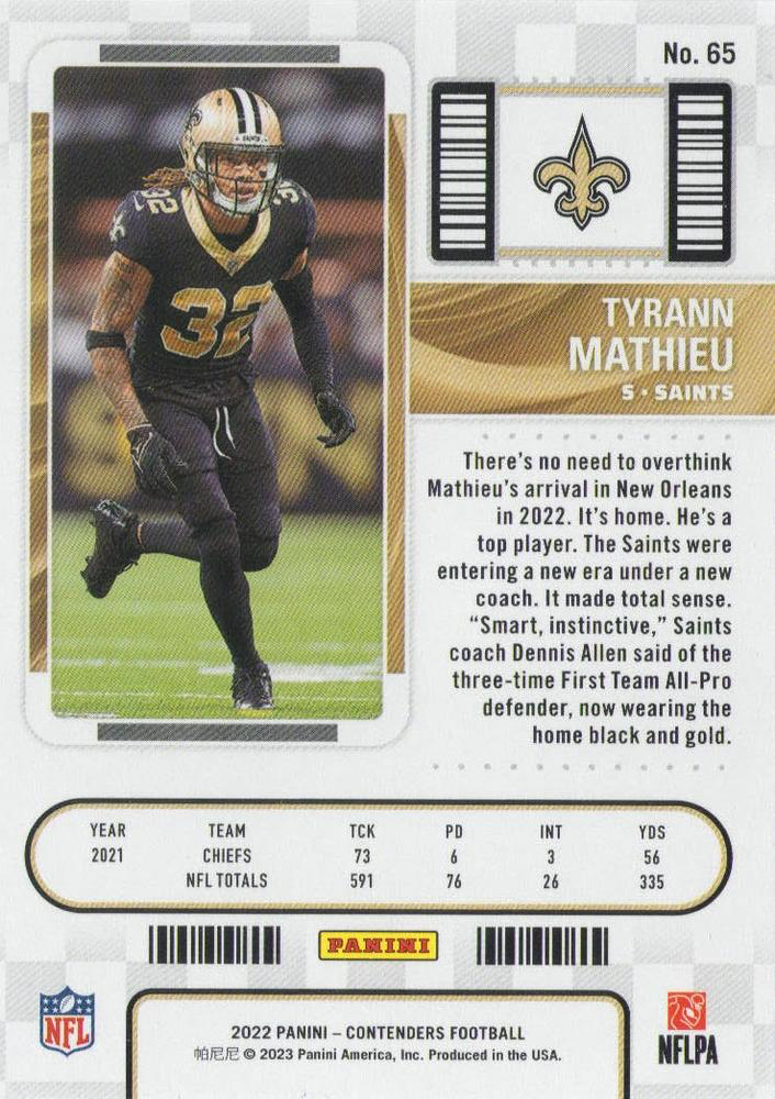 2022 Panini Contenders Tyrann Mathieu New Orleans Saints #65