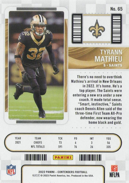 2022 Panini Contenders Tyrann Mathieu New Orleans Saints #65