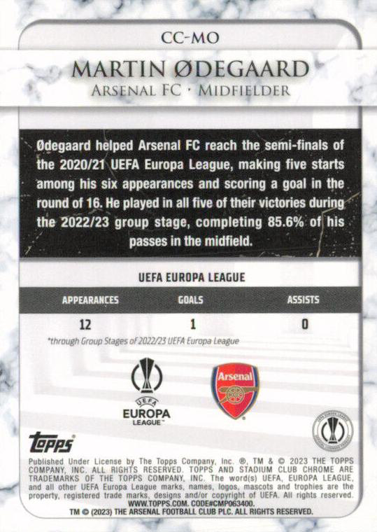 2022 Topps Stadium Club Chrome UCC Championship Contributions Martin Ødegaard CC-MO Arsenal FC