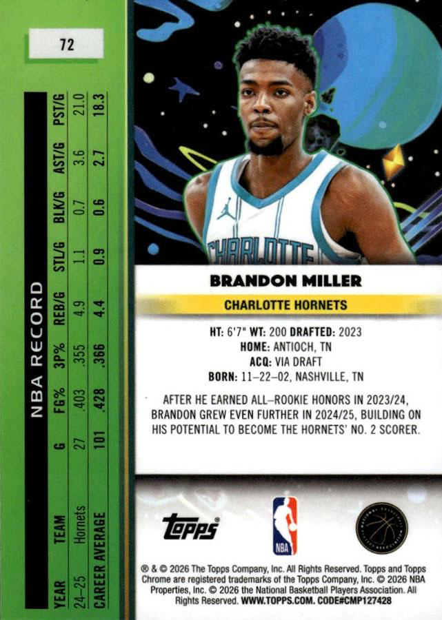 2025 Topps Chrome Cosmic Brandon Miller #72 Charlotte Hornets