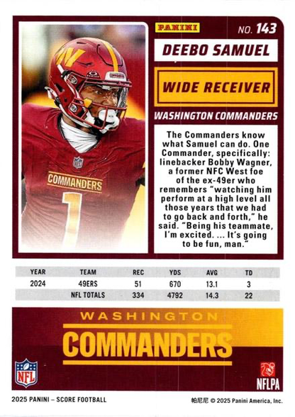 2025 Panini Score Deebo Samuel #143 Washington Commanders