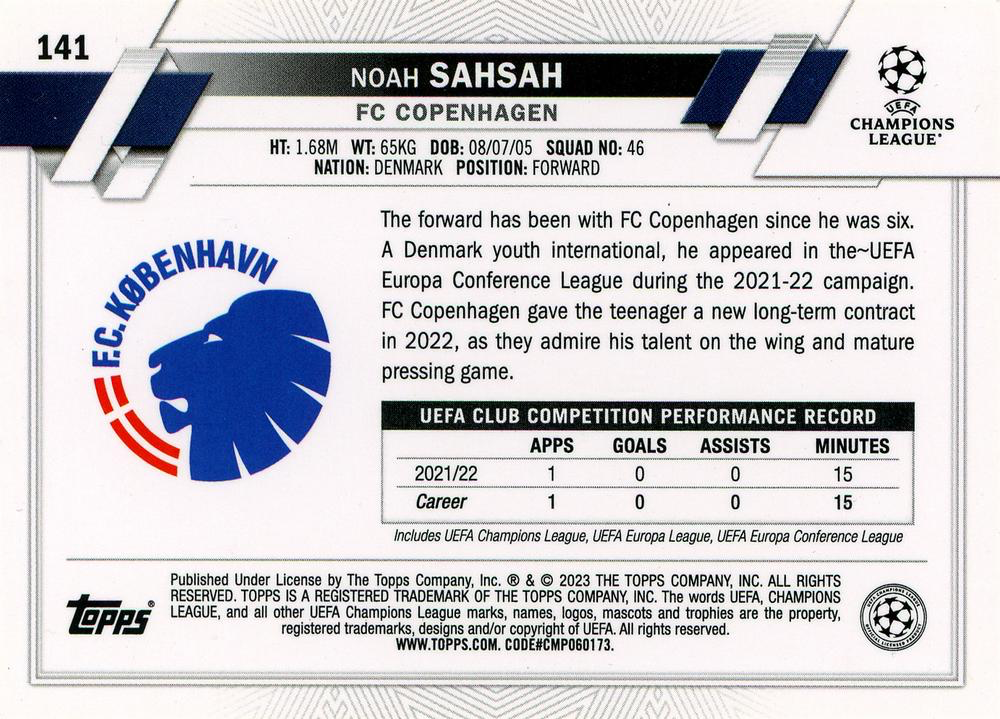 2022 Topps Chrome UCC Noah Sahsah RC #141 FC Copenhagen