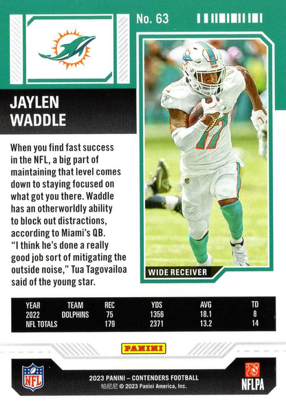 2023 Panini Contenders Jaylen Waddle Miami Dolphins #63