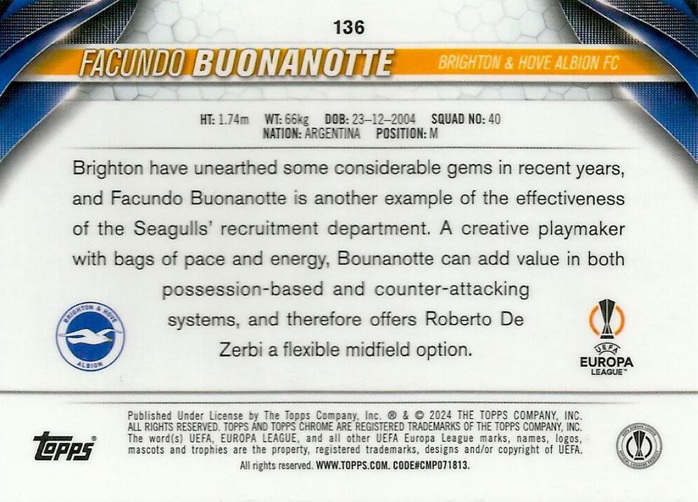 2023 Topps Chrome UEFA Club Competitions Facundo Buonanotte RC #136 Brighton & Hove Albion