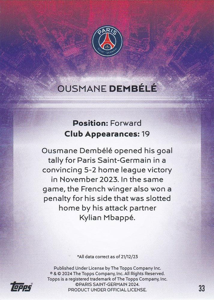 2023 Topps PSG Team Set Light Up Ousmane Dembélé #33 Paris Saint-Germain