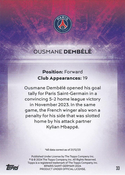 2023 Topps PSG Team Set Light Up Ousmane Dembélé #33 Paris Saint-Germain