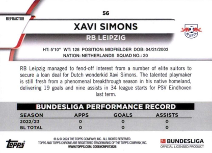 2023 Topps Chrome Bundesliga Pulsar Xavi Simons #56 RB Leipzig