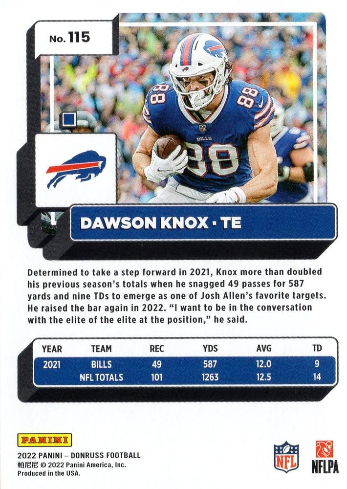 2022 Panini Donruss Dawson Knox #115 Buffalo Bills