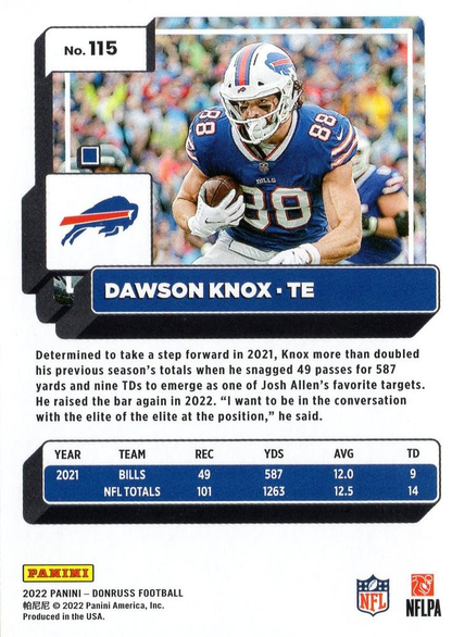2022 Panini Donruss Dawson Knox #115 Buffalo Bills