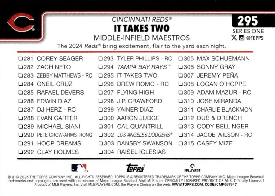 2025 Topps Series 1 Combo Card/Checklist Elly De La Cruz Cincinnati Reds #295