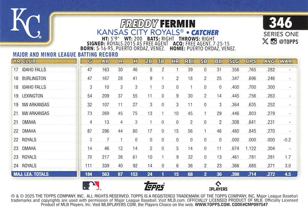 2025 Topps Series 1 Freddy Fermin Kansas City Royals #346