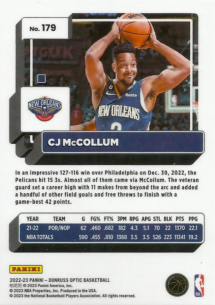 2022 Panini Donruss Optic CJ McCollum #179 New Orleans Pelicans