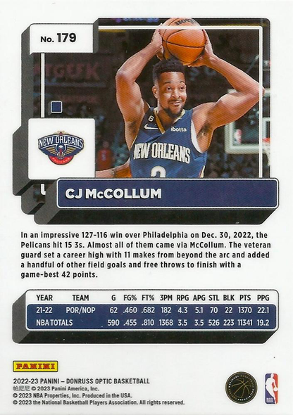 2022 Panini Donruss Optic CJ McCollum #179 New Orleans Pelicans