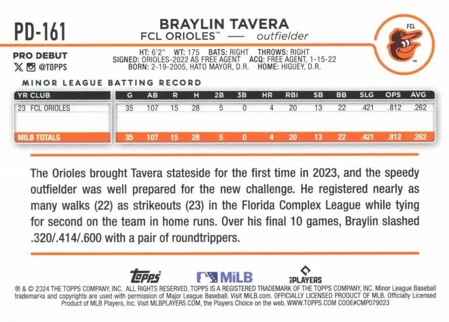2024 Topps Pro Debut Braylin Tavera #PD-161 FCL Orioles