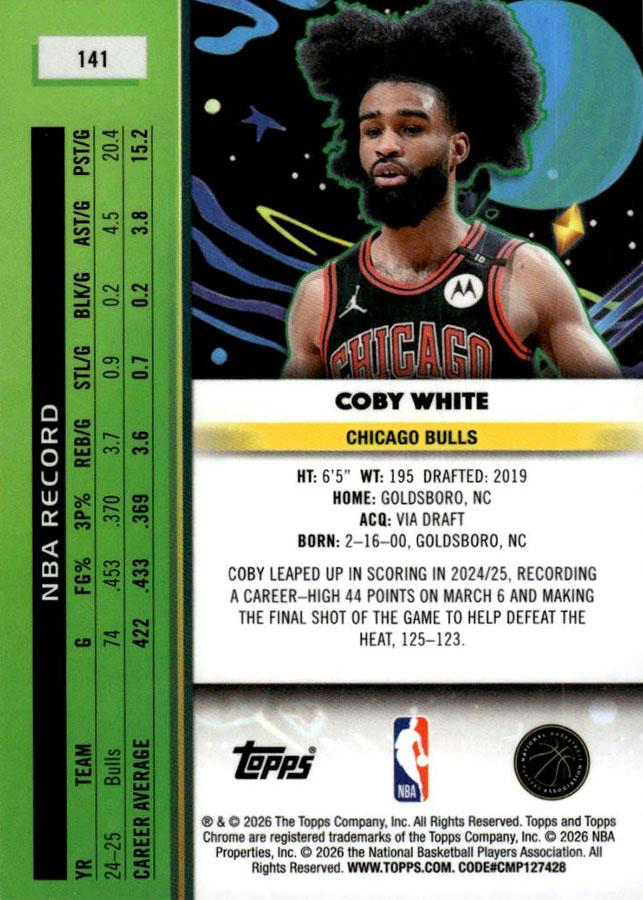 2025 Topps Chrome Cosmic Coby White #141 Chicago Bulls