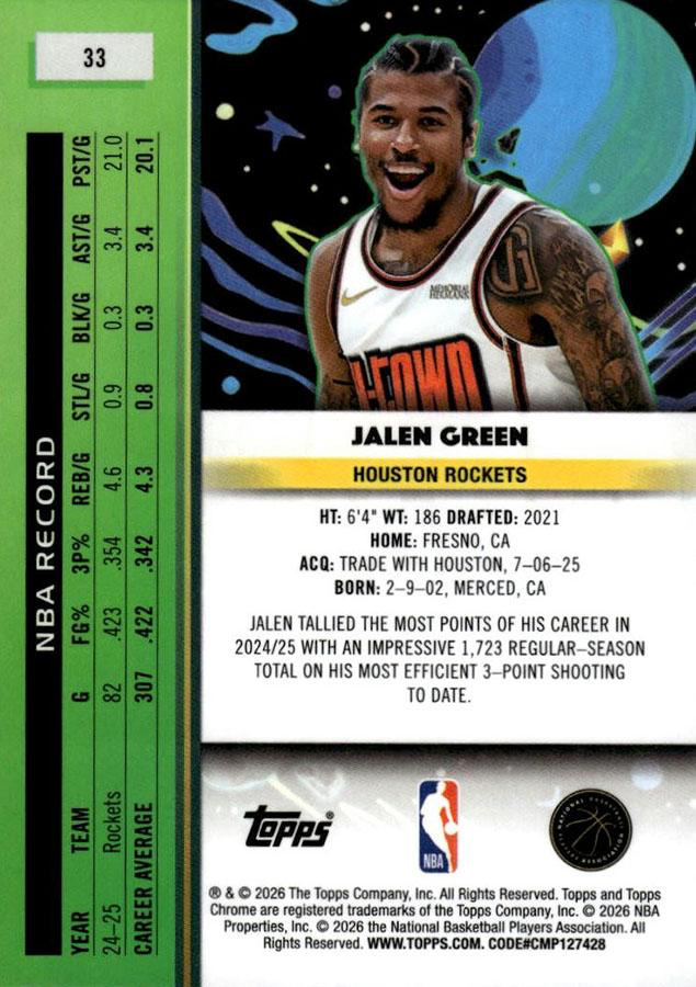 2025 Topps Chrome Cosmic Jalen Green #33 Houston Rockets