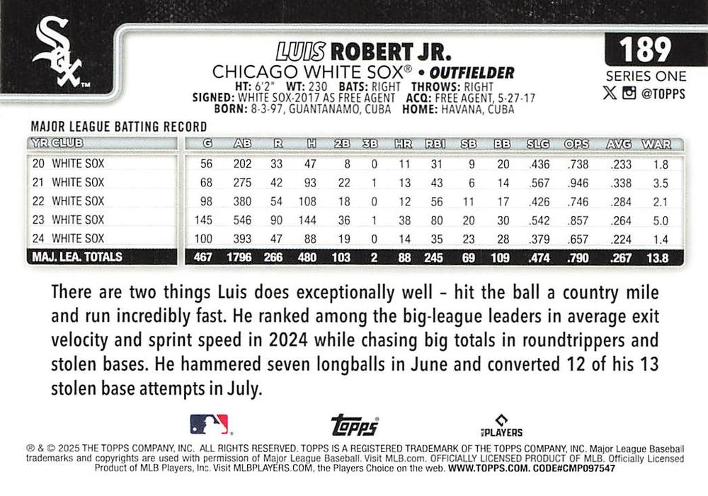 2025 Topps Series 1 Luis Robert Jr. Chicago White Sox #189