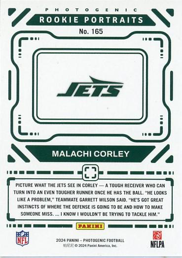 2024 Panini Photogenic Malachi Corley Rookie Portrait RC #165 New York Jets