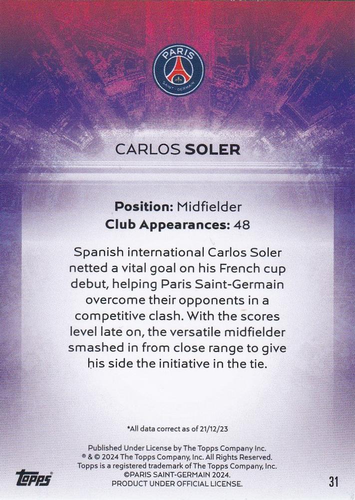 2023 Topps PSG Team Set Light Up Carlos Soler #31 Paris Saint-Germain