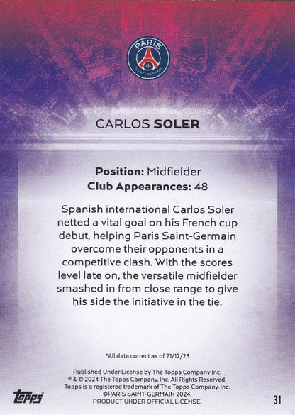 2023 Topps PSG Team Set Light Up Carlos Soler #31 Paris Saint-Germain