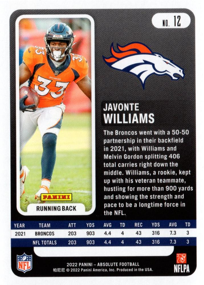 2022 Panini Absolute Javonte Williams #12 Denver Broncos