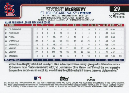 2025 Topps Chrome MLB Michael McGreevy RC #29 St. Louis Cardinals