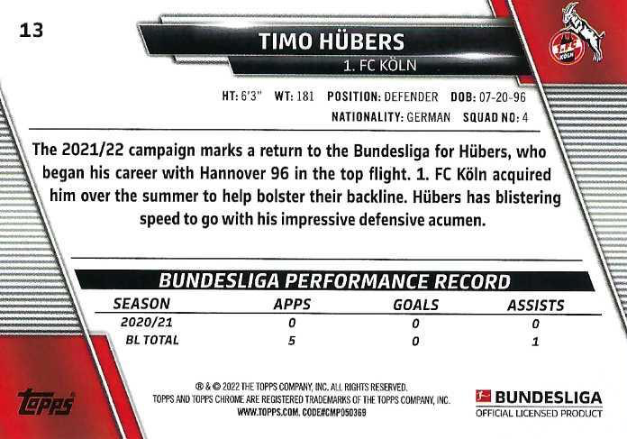 2021 Topps Chrome Bundesliga Timo Hubers RC #13 1. FC Koln