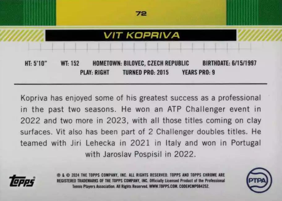 2024 Topps Chrome Tennis Sepia Vit Kopriva RC #72