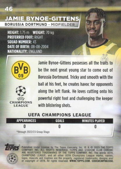 2022 Topps Stadium Club Chrome UCC Jamie Bynoe-Gittens RC #46 Borussia Dortmund