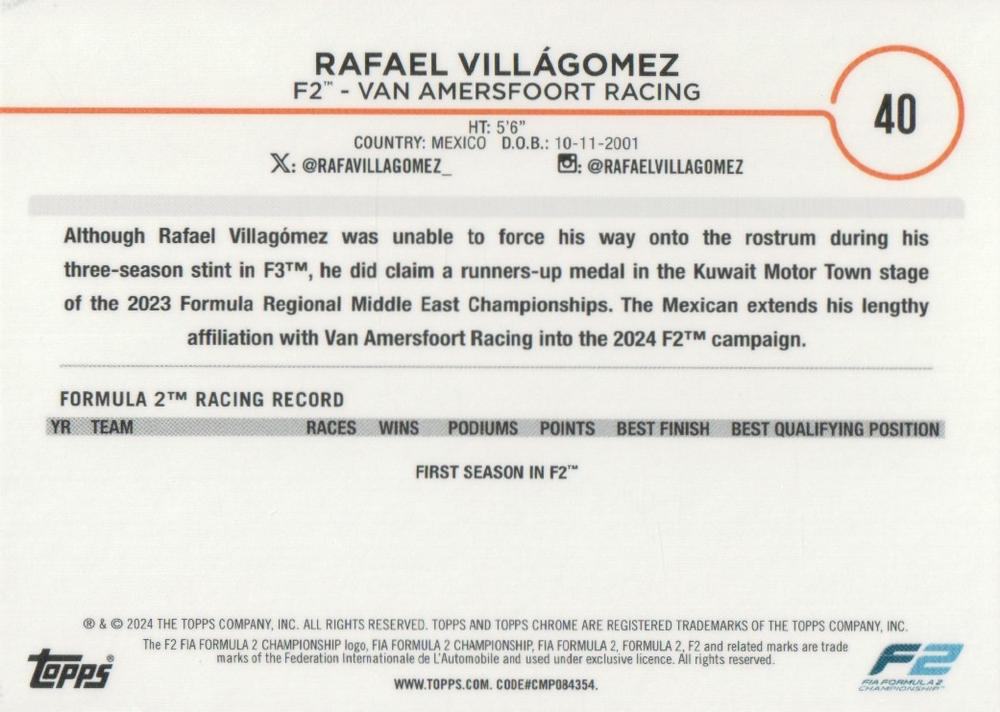 2024 Topps Chrome Formula 1 Rafael Villagomez F2D #40 Van Amersfoort Racing