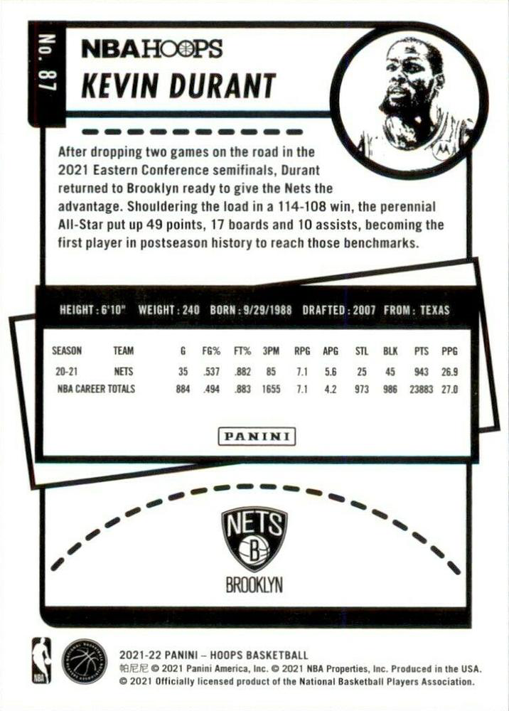 2021 Panini Hoops Kevin Durant #87 Brooklyn Nets